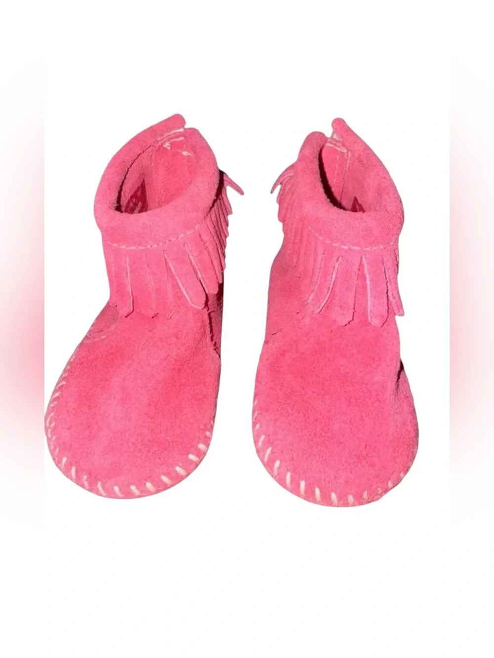 Minnetonka baby moccasins size 4 pink suede fringe leather soft sole shoes